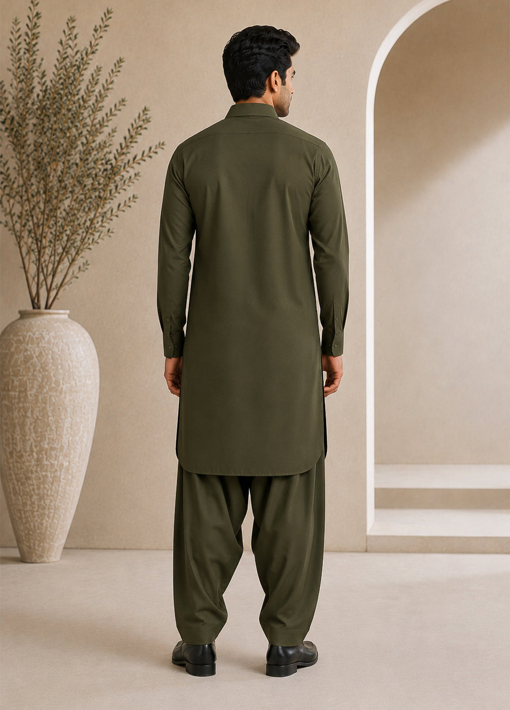 Mazham Mens Pret Solids 2 Piece Solids Army Green French Collar Shalwar Kameez - Festive Collection