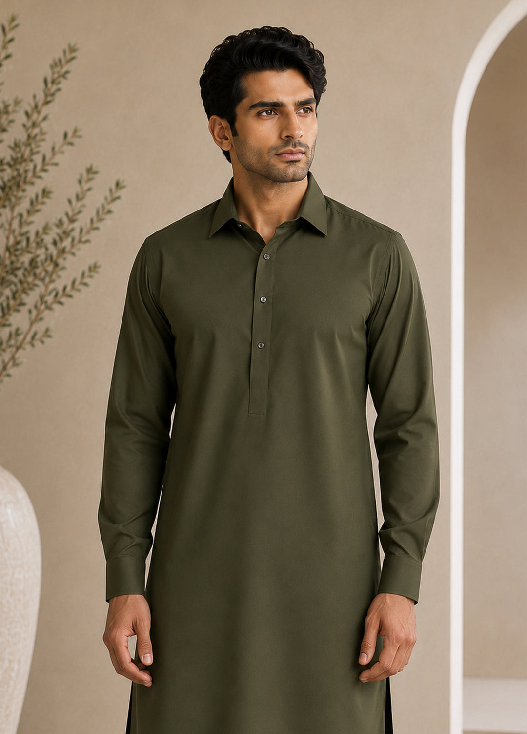 Mazham Mens Pret Solids 2 Piece Solids Army Green French Collar Shalwar Kameez - Festive Collection