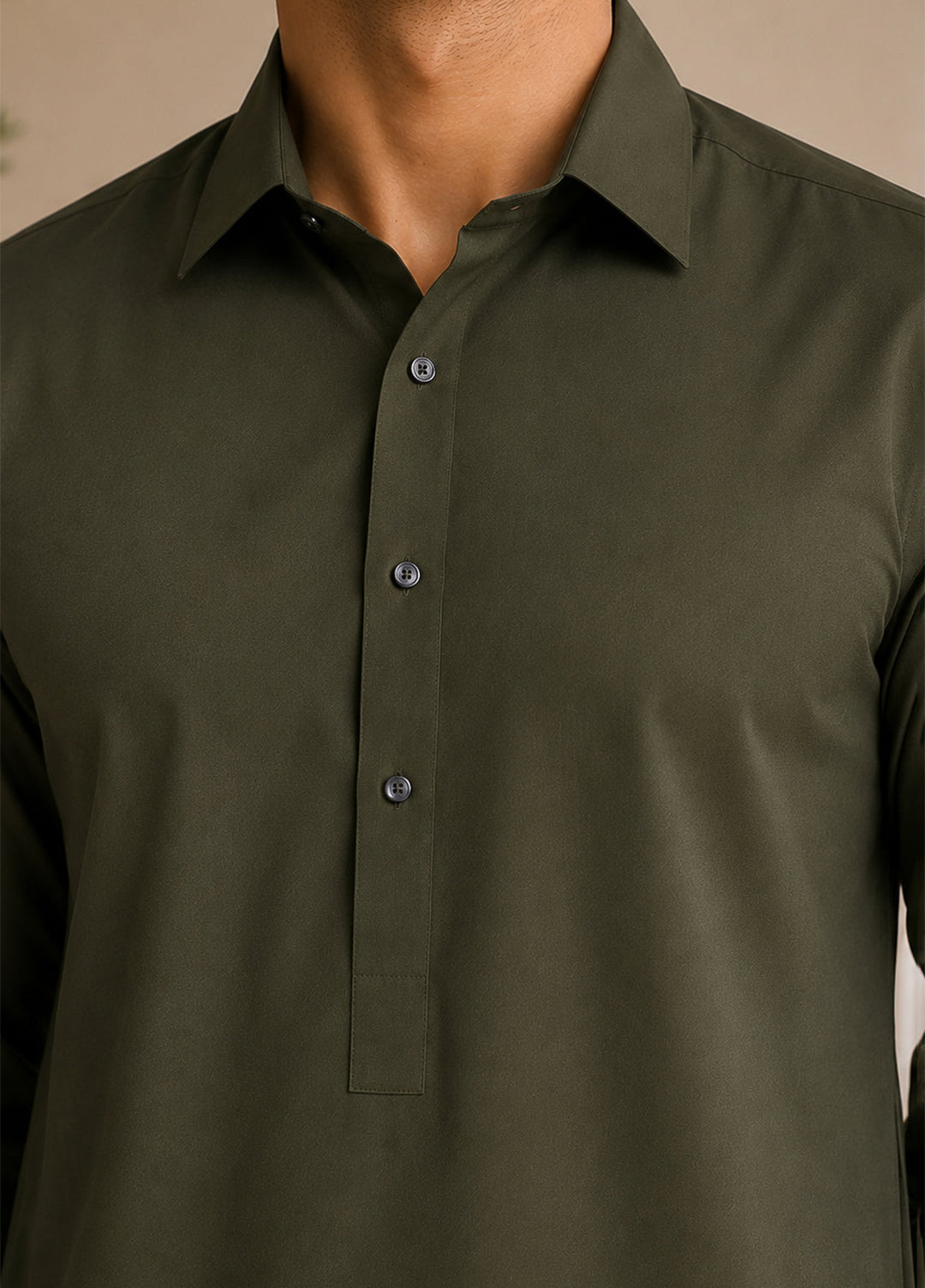 Mazham Mens Pret Solids 2 Piece Solids Army Green French Collar Shalwar Kameez - Festive Collection