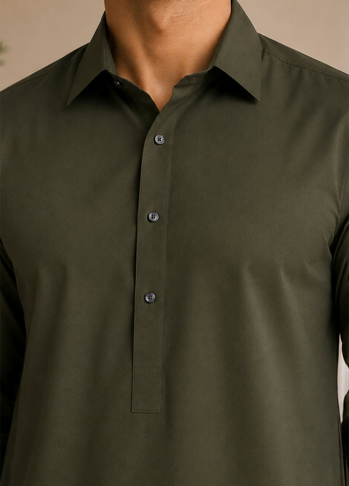 Mazham Mens Pret Solids 2 Piece Solids Army Green French Collar Shalwar Kameez - Festive Collection