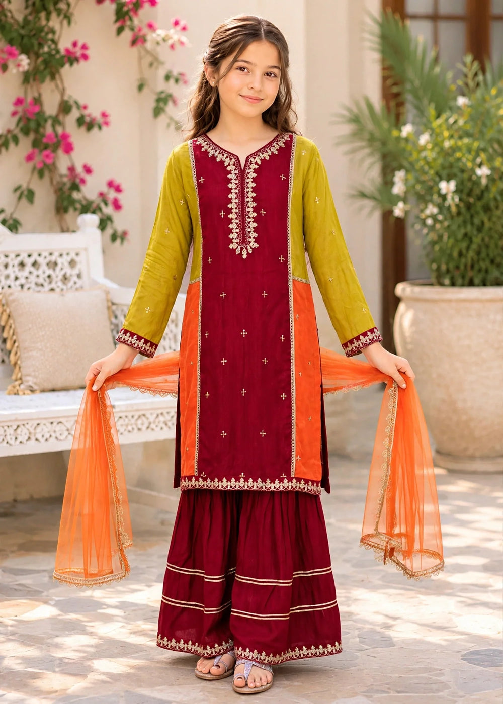 Modest Girls Pret Embroidered 3 Piece Raw Silk Orange Gharara D-02 - Festive Collection