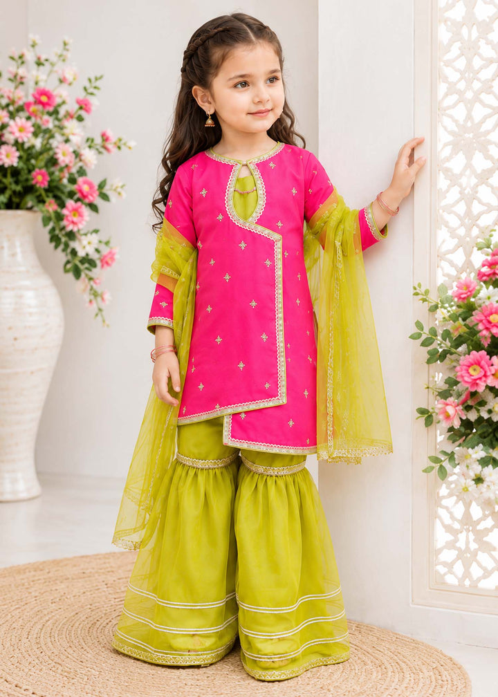 Modest Girls Pret Embroidered 3 Piece Raw Silk Pink Gharara D-04 - Festive Collection