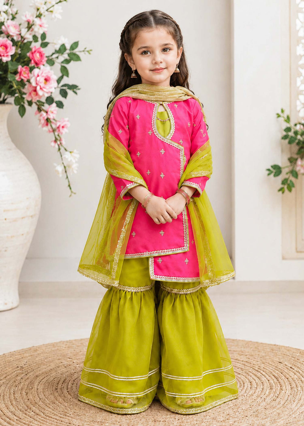 Modest Girls Pret Embroidered 3 Piece Raw Silk Pink Gharara D-04 - Festive Collection