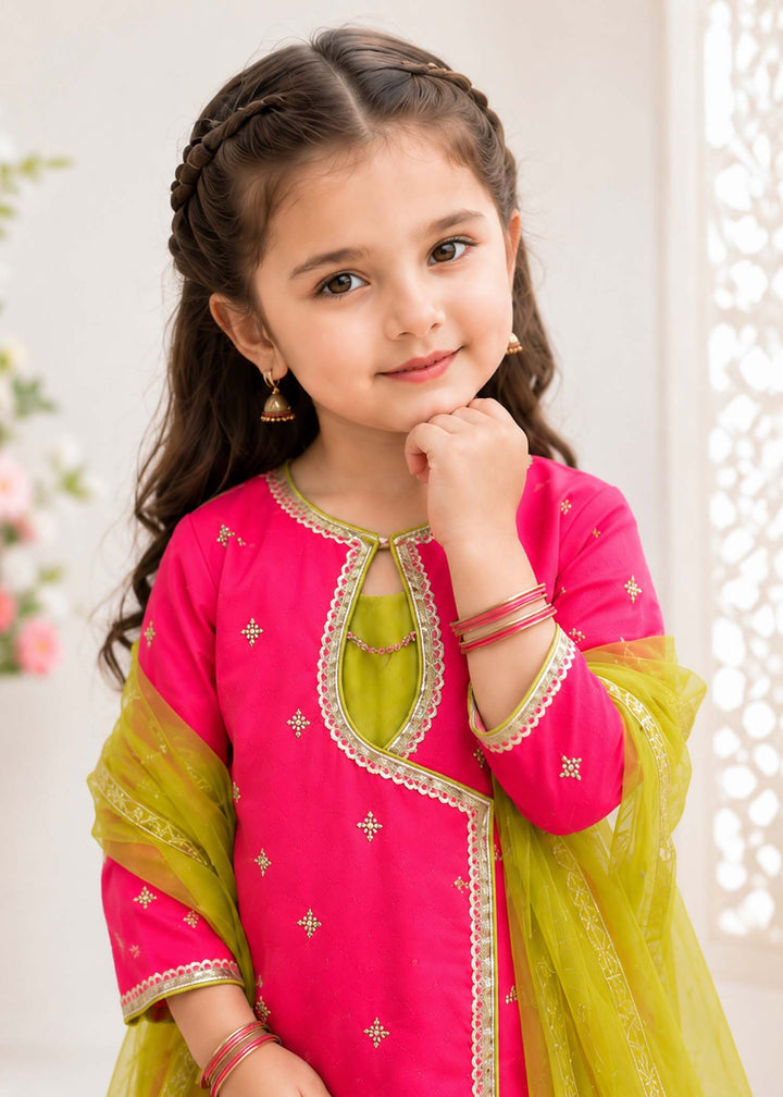 Modest Girls Pret Embroidered 3 Piece Raw Silk Pink Gharara D-04 - Festive Collection
