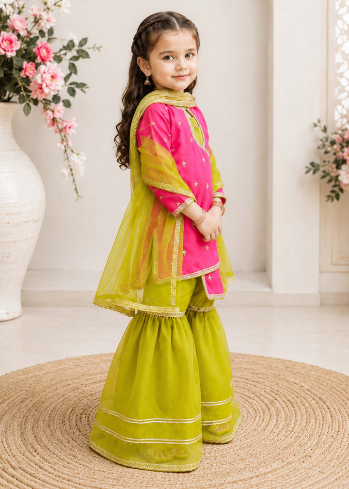 Modest Girls Pret Embroidered 3 Piece Raw Silk Pink Gharara D-04 - Festive Collection