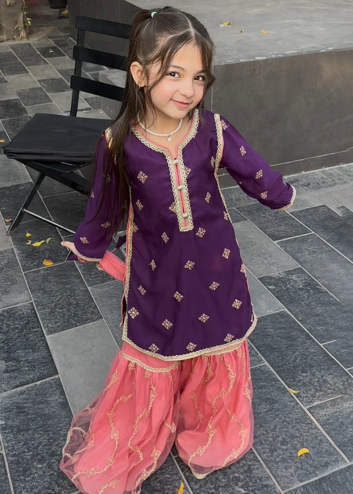 Modest Girls Pret Embroidered 3 Piece Raw Silk Purple Gharara D-03 - Festive Collection