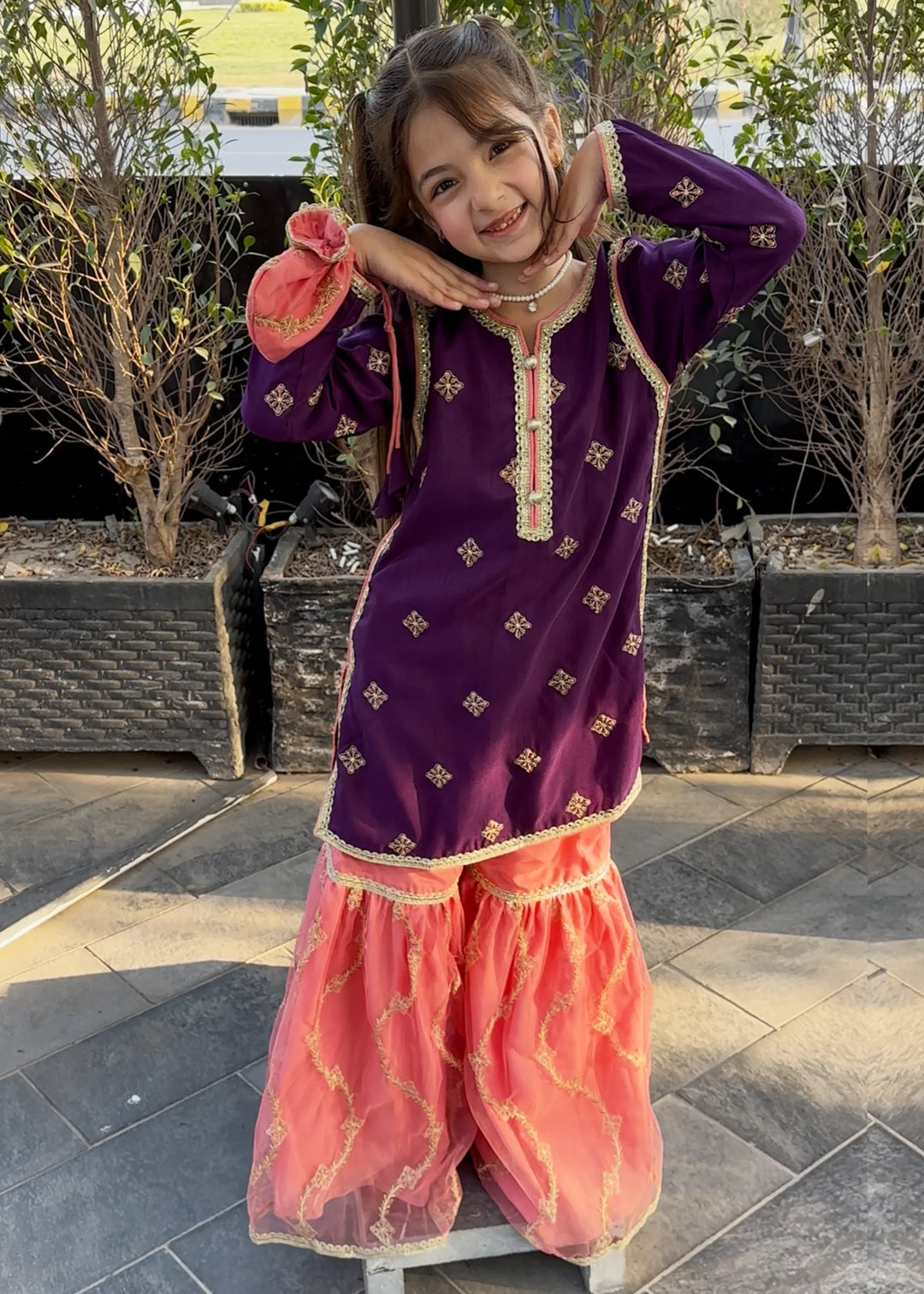 Modest Girls Pret Embroidered 3 Piece Raw Silk Purple Gharara D-03 - Festive Collection