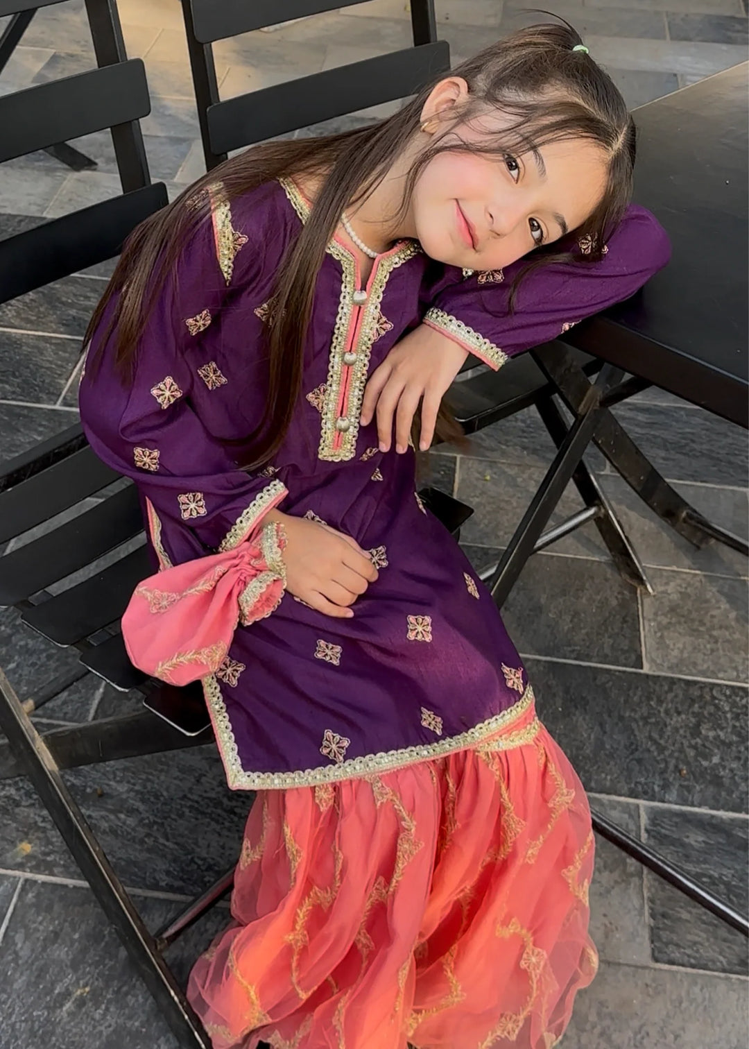 Modest Girls Pret Embroidered 3 Piece Raw Silk Purple Gharara D-03 - Festive Collection