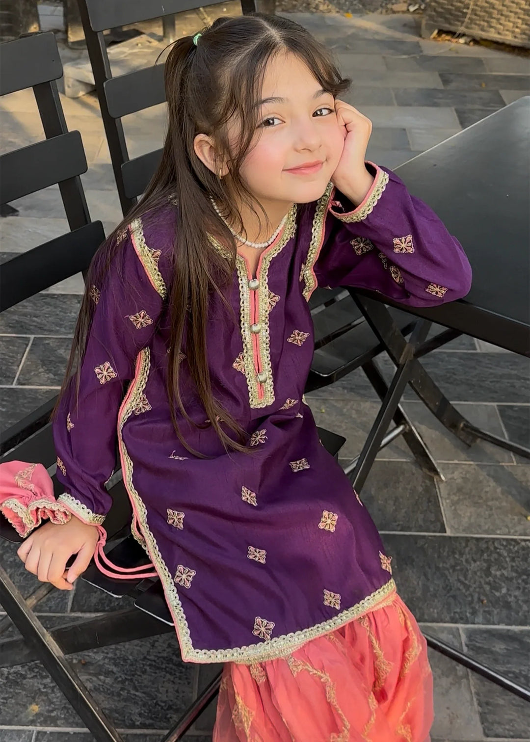 Modest Girls Pret Embroidered 3 Piece Raw Silk Purple Gharara D-03 - Festive Collection