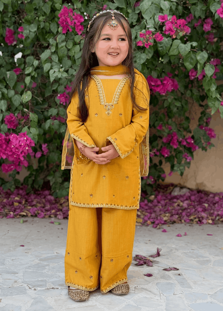 Modest Girls Pret Embroidered Lawn 3 Piece Suit Yellow - Wedding Collection