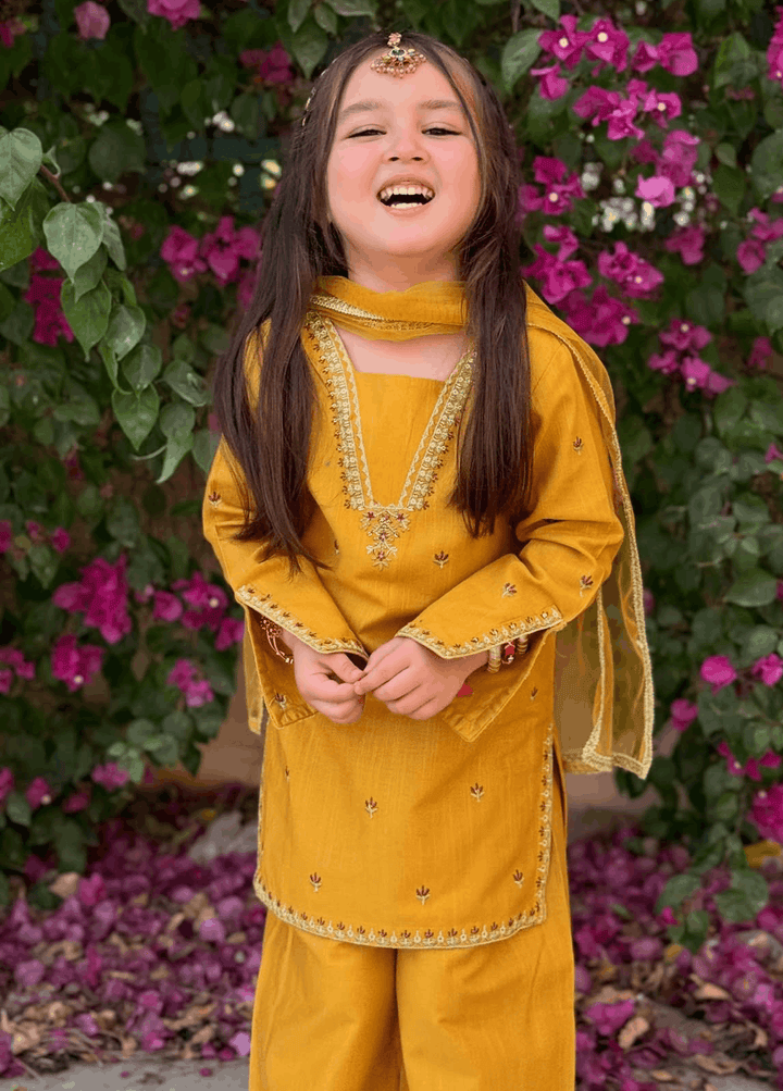 Modest Girls Pret Embroidered Lawn 3 Piece Suit Yellow - Wedding Collection