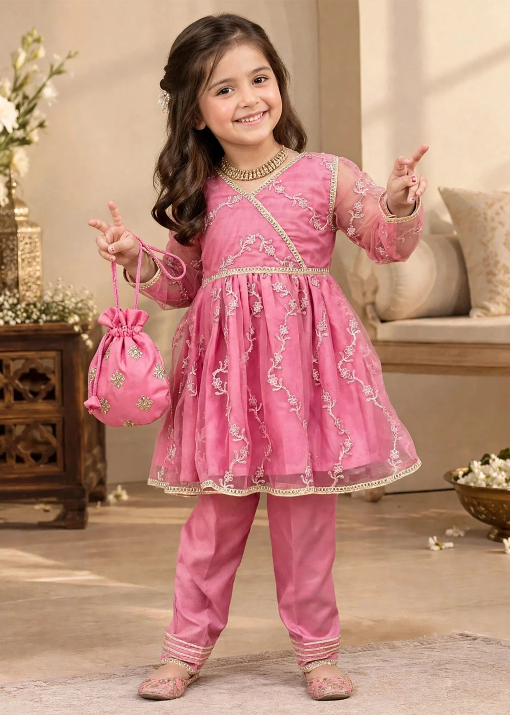 Modest Girls Pret Embroidered Net 3 Piece Suit Tea Pink - Wedding Collection
