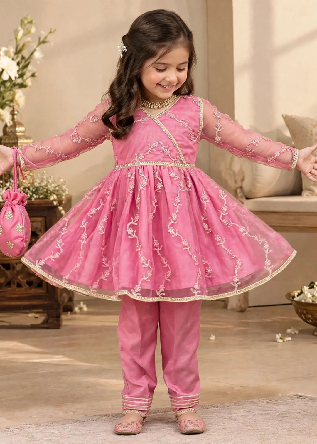Modest Girls Pret Embroidered Net 3 Piece Suit Tea Pink - Wedding Collection