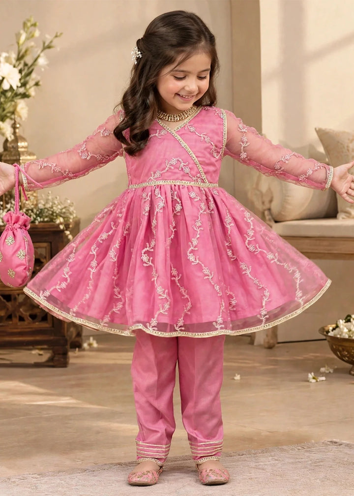 Modest Girls Pret Embroidered Net 3 Piece Suit Tea Pink - Wedding Collection