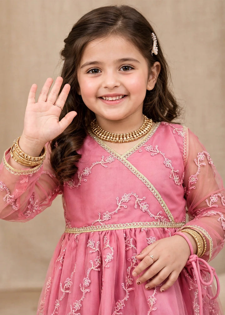 Modest Girls Pret Embroidered Net 3 Piece Suit Tea Pink - Wedding Collection