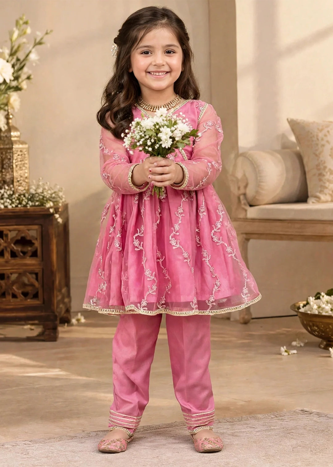 Modest Girls Pret Embroidered Net 3 Piece Suit Tea Pink - Wedding Collection