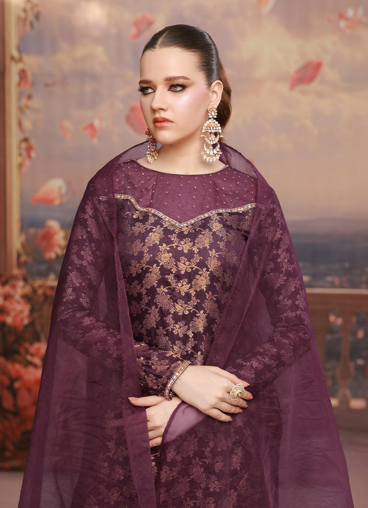 Golden Hour by Ripret RTW Embroidered Jamawar 3 Piece Suit Plum Frost RP-2601-F10 - Festive Collection