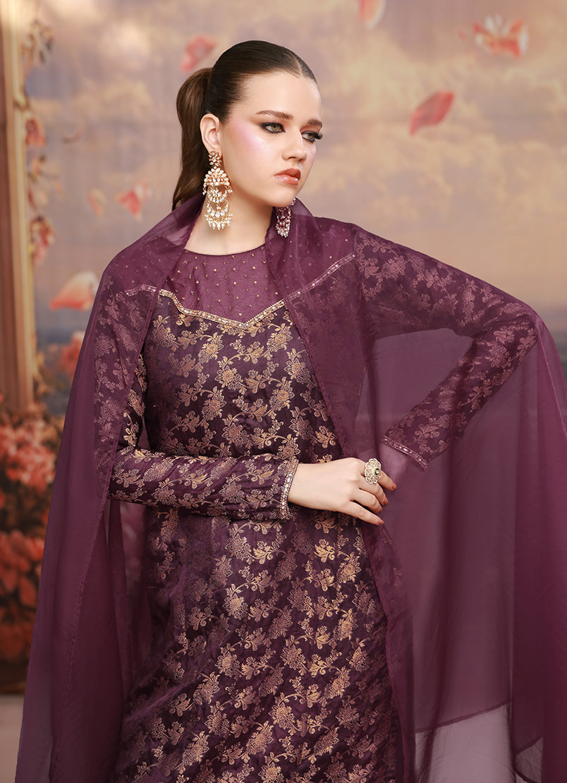 Golden Hour by Ripret RTW Embroidered Jamawar 3 Piece Suit Plum Frost RP-2601-F10 - Festive Collection