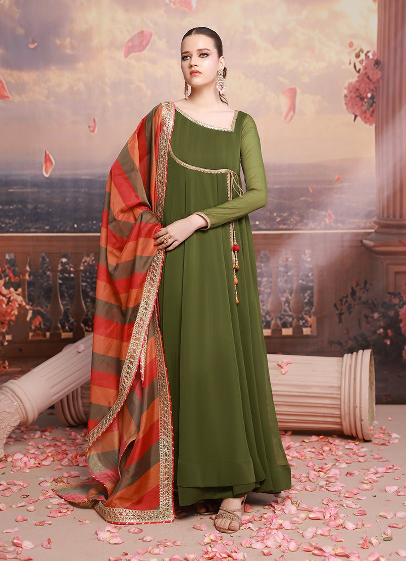 Golden Hour by Ripret RTW Embroidered Chiffon 2 Piece Suit Olive Muse RP-2601-F08 - Festive Collection