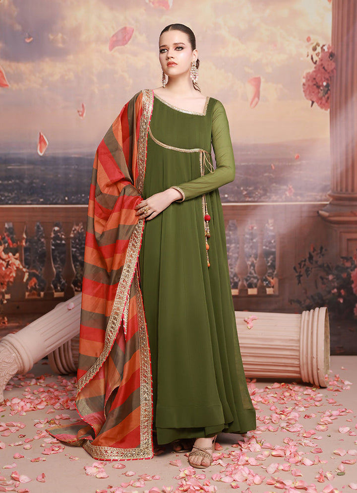 Golden Hour by Ripret RTW Embroidered Chiffon 2 Piece Suit Olive Muse RP-2601-F08 - Festive Collection