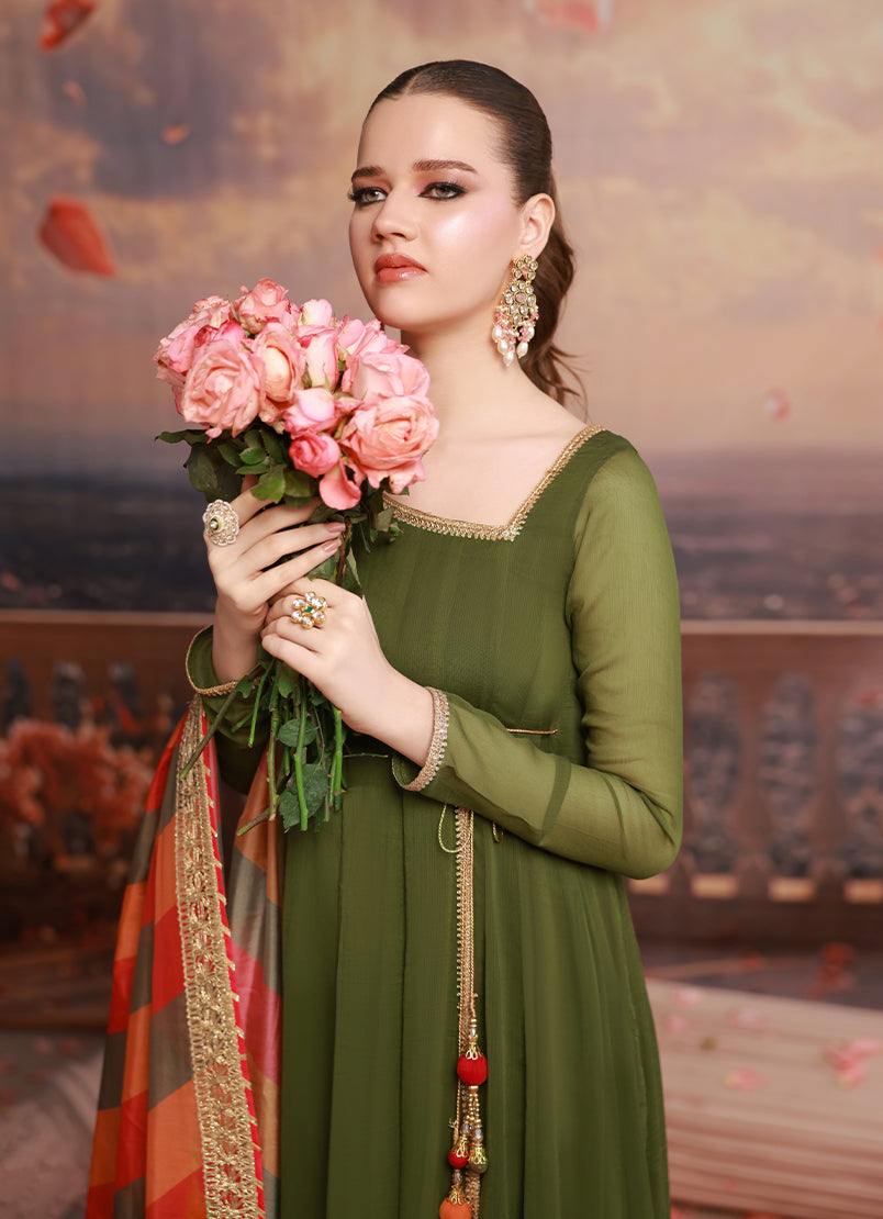 Golden Hour by Ripret RTW Embroidered Chiffon 2 Piece Suit Olive Muse RP-2601-F08 - Festive Collection
