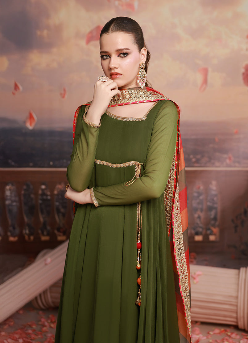 Golden Hour by Ripret RTW Embroidered Chiffon 2 Piece Suit Olive Muse RP-2601-F08 - Festive Collection