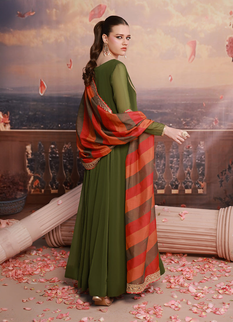Golden Hour by Ripret RTW Embroidered Chiffon 2 Piece Suit Olive Muse RP-2601-F08 - Festive Collection