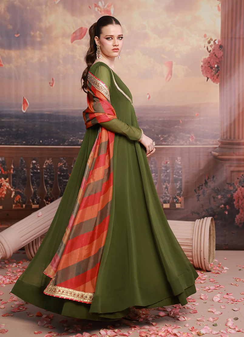 Golden Hour by Ripret RTW Embroidered Chiffon 2 Piece Suit Olive Muse RP-2601-F08 - Festive Collection
