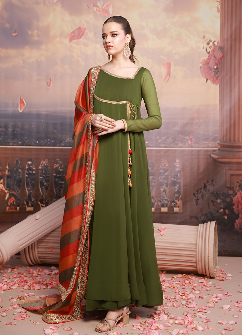 Golden Hour by Ripret RTW Embroidered Chiffon 2 Piece Suit Olive Muse RP-2601-F08 - Festive Collection