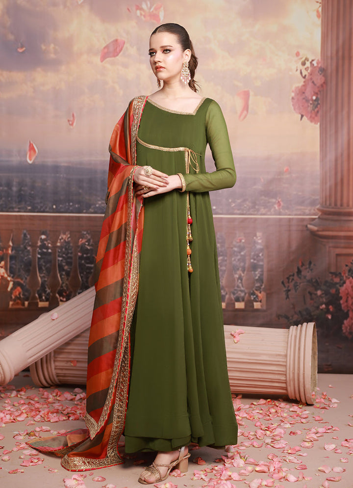 Golden Hour by Ripret RTW Embroidered Chiffon 2 Piece Suit Olive Muse RP-2601-F08 - Festive Collection