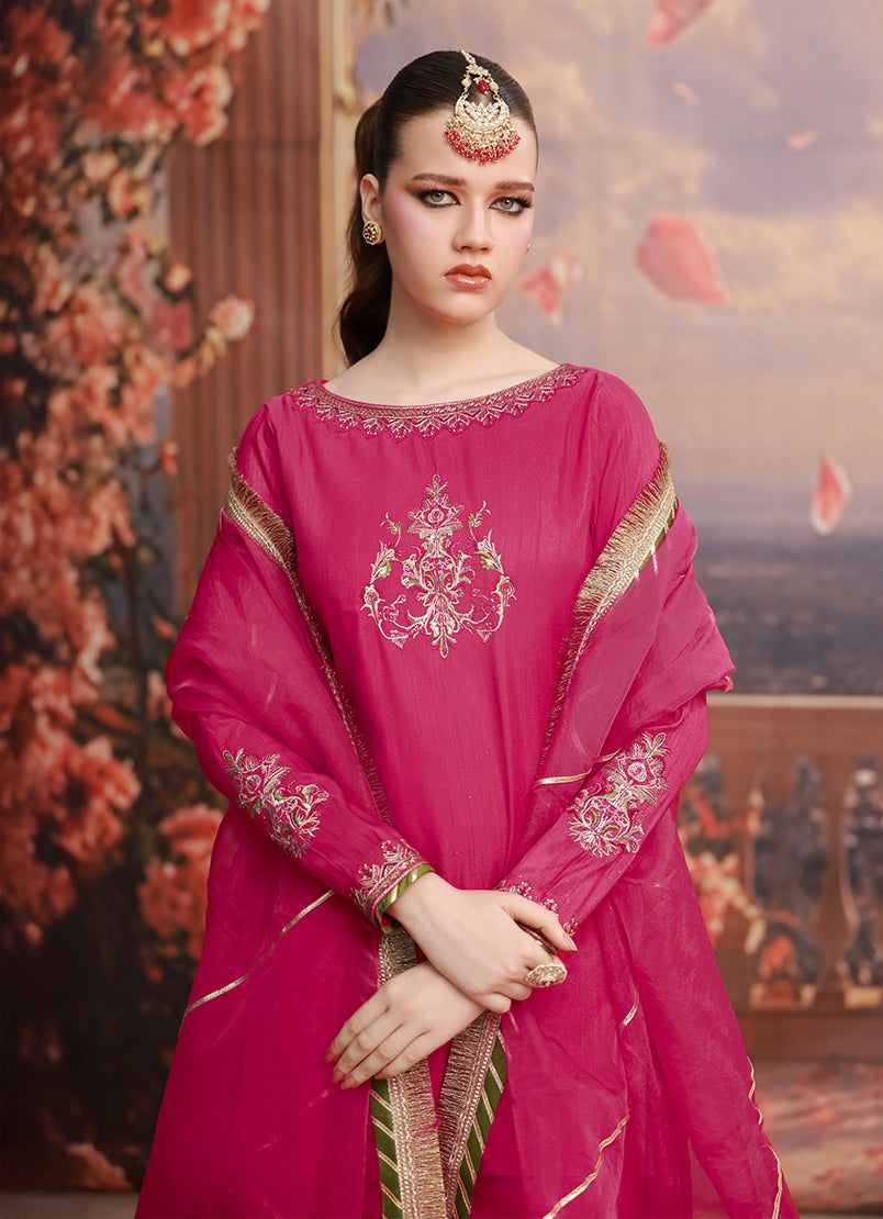 Golden Hour by Ripret RTW Embroidered Raw Silk 3 Piece Suit Fuschia Bloom RP-2601-F04 - Festive Collection