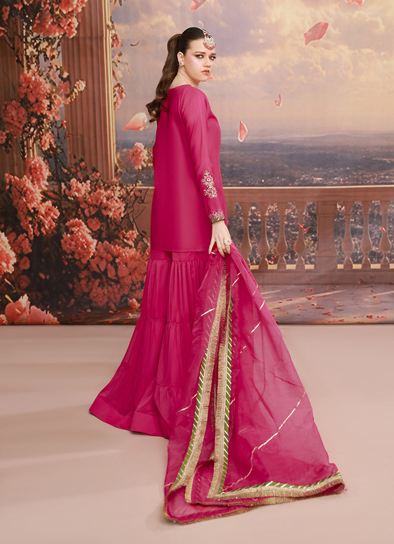 Golden Hour by Ripret RTW Embroidered Raw Silk 3 Piece Suit Fuschia Bloom RP-2601-F04 - Festive Collection