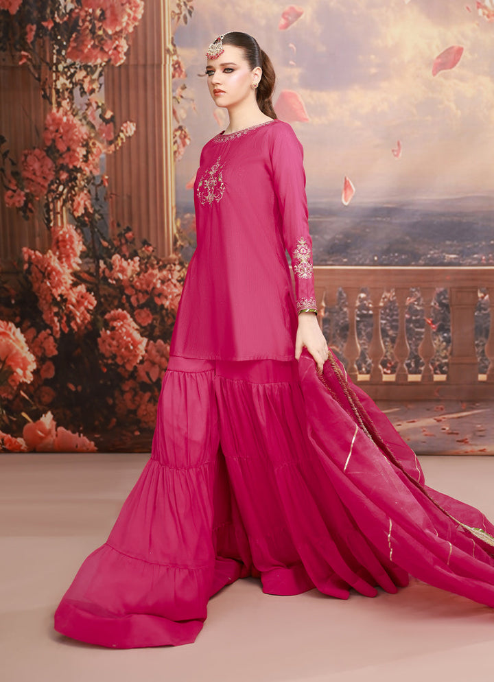 Golden Hour by Ripret RTW Embroidered Raw Silk 3 Piece Suit Fuschia Bloom RP-2601-F04 - Festive Collection