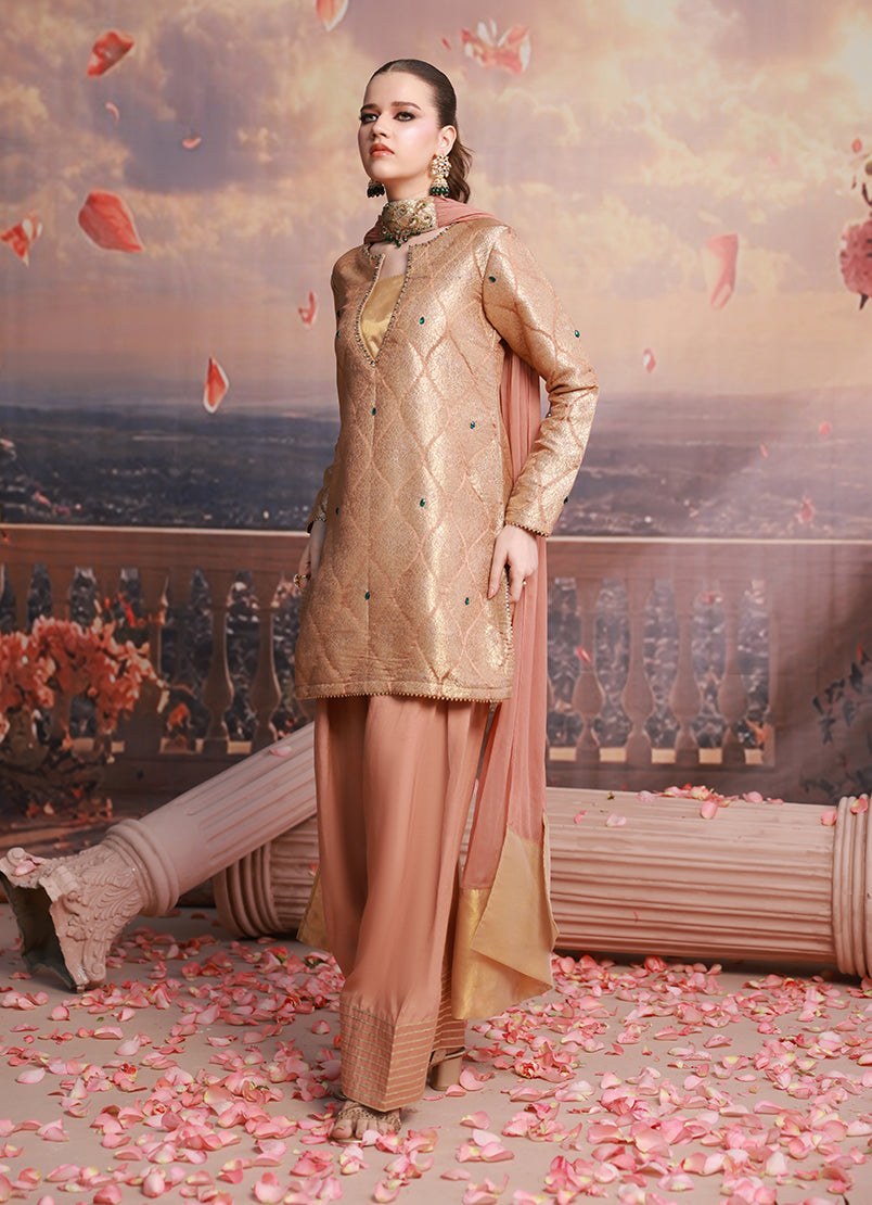 Golden Hour by Ripret RTW Embroidered Cotton Silk 3 Piece Suit Blush Rose RP-2601-F07 - Festive Collection