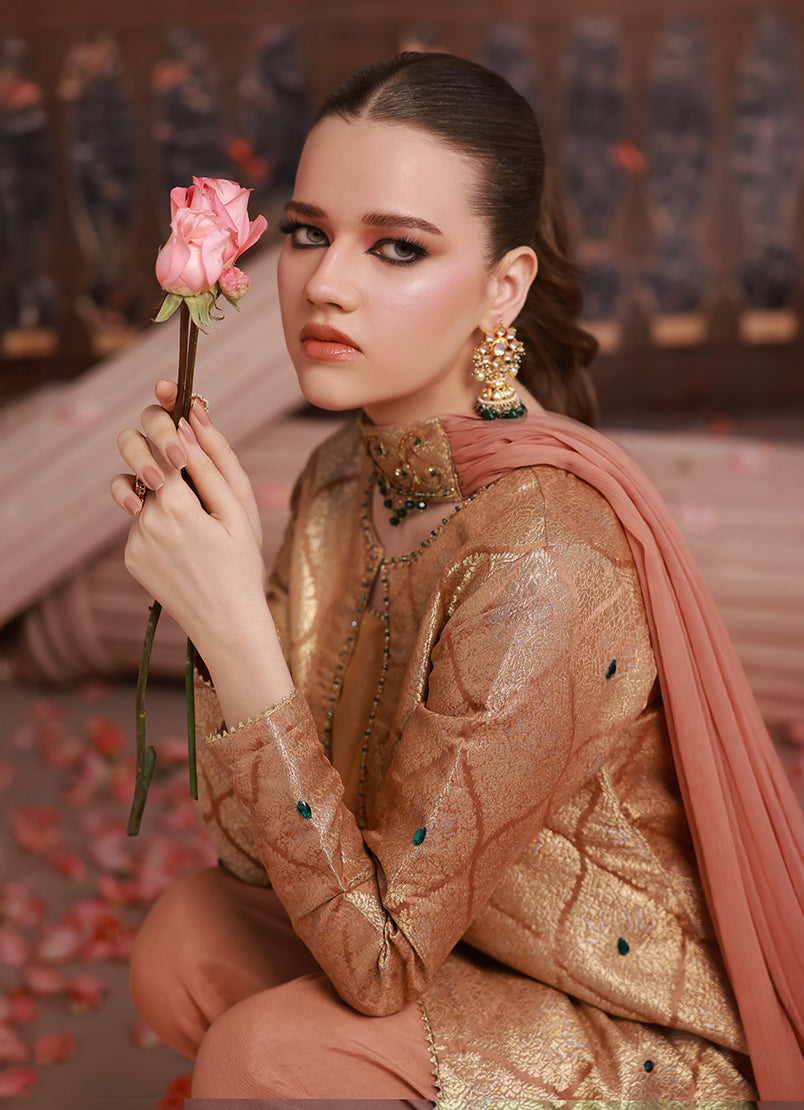 Golden Hour by Ripret RTW Embroidered Cotton Silk 3 Piece Suit Blush Rose RP-2601-F07 - Festive Collection
