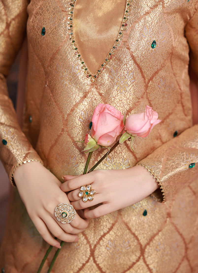 Golden Hour by Ripret RTW Embroidered Cotton Silk 3 Piece Suit Blush Rose RP-2601-F07 - Festive Collection
