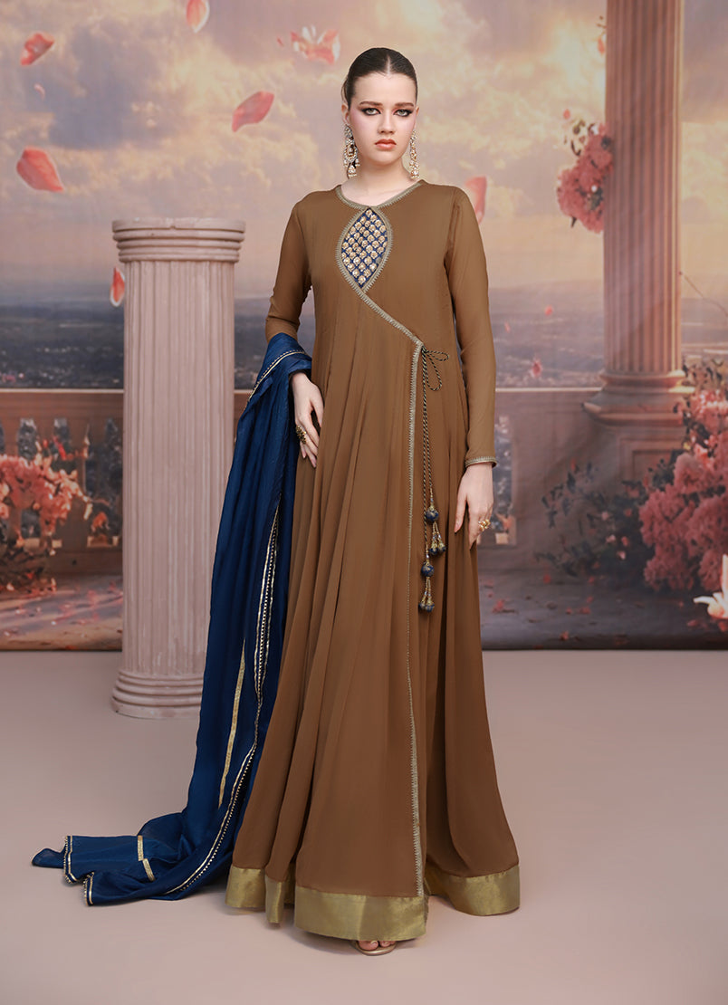 Golden Hour by Ripret RTW Embroidered Chiffon 2 Piece Suit Brown Aura RP-2601-F06 - Festive Collection