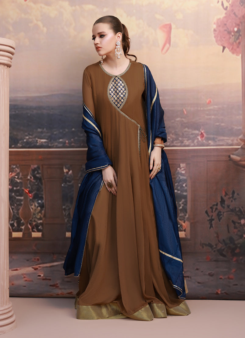 Golden Hour by Ripret RTW Embroidered Chiffon 2 Piece Suit Brown Aura RP-2601-F06 - Festive Collection