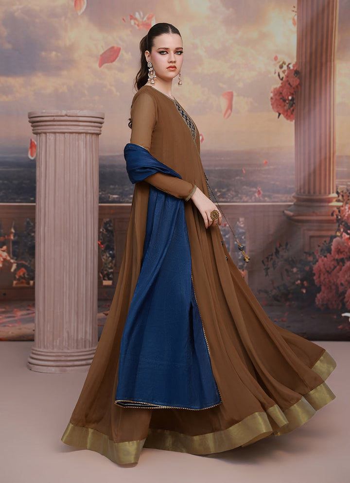 Golden Hour by Ripret RTW Embroidered Chiffon 2 Piece Suit Brown Aura RP-2601-F06 - Festive Collection