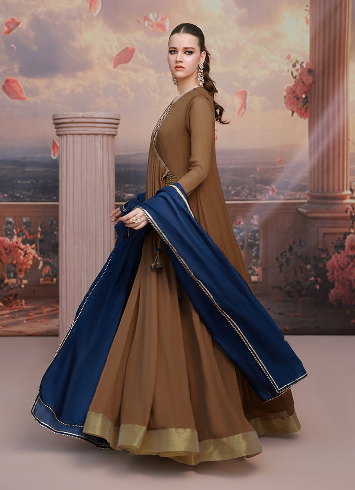 Golden Hour by Ripret RTW Embroidered Chiffon 2 Piece Suit Brown Aura RP-2601-F06 - Festive Collection