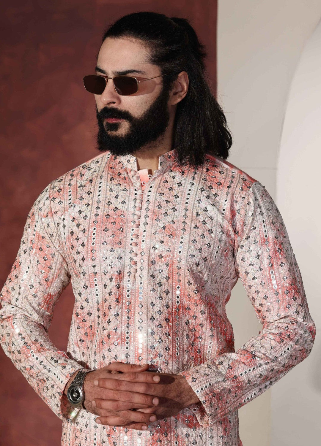 Rangari by Edge Republic Men RTW Embroidered Blended Cotton 2 Pcs Pink CK 766  - Festive Collection