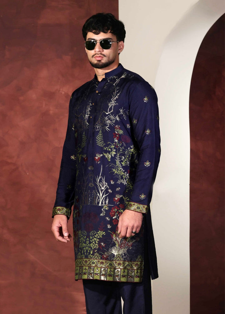 Rangari by Edge Republic Men RTW Embroidered Blended Cotton 2 Pcs Navy Blue CK 764 - Festive Collection