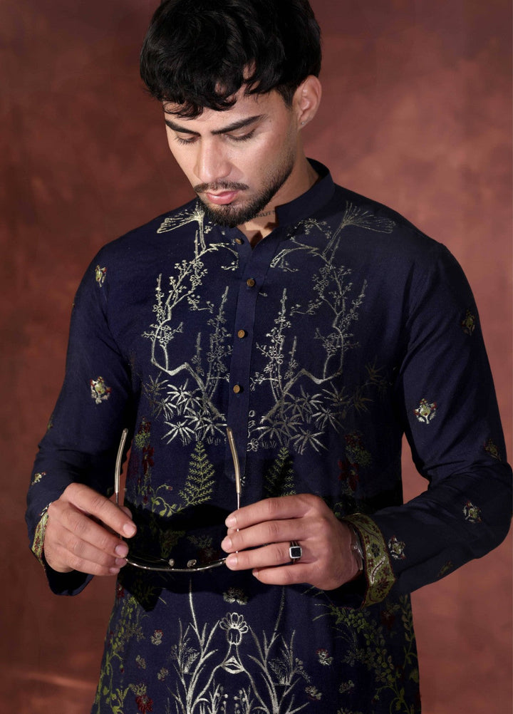 Rangari by Edge Republic Men RTW Embroidered Blended Cotton 2 Pcs Navy Blue CK 764 - Festive Collection