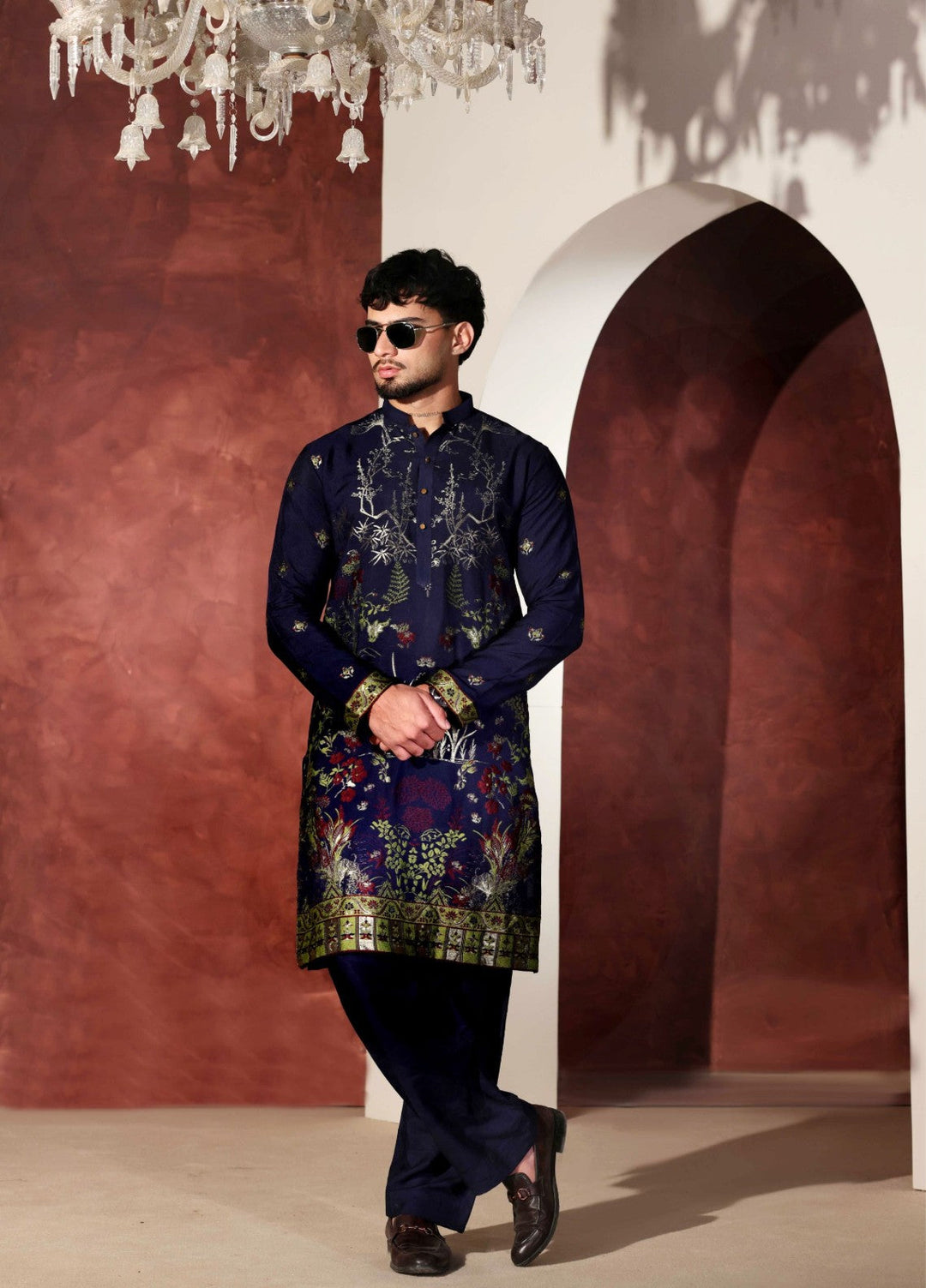 Rangari by Edge Republic Men RTW Embroidered Blended Cotton 2 Pcs Navy Blue CK 764 - Festive Collection