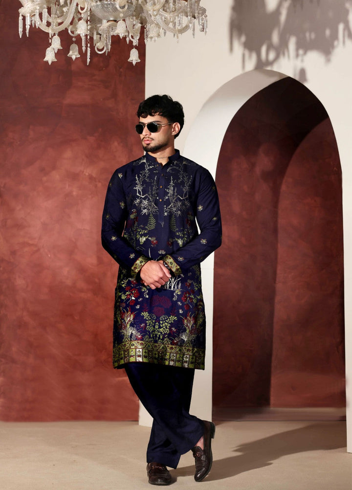 Rangari by Edge Republic Men RTW Embroidered Blended Cotton 2 Pcs Navy Blue CK 764 - Festive Collection