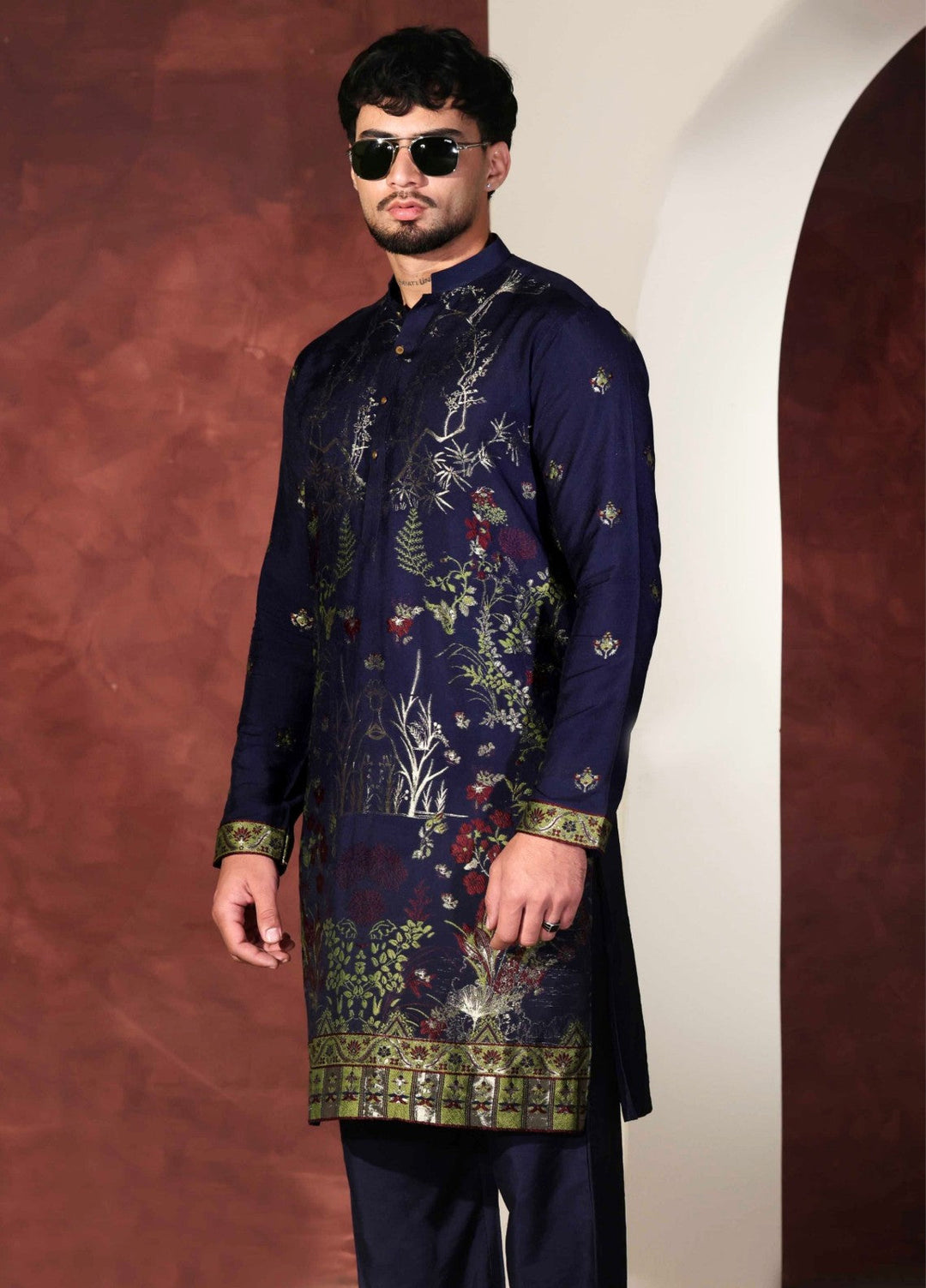 Rangari by Edge Republic Men RTW Embroidered Blended Cotton 2 Pcs Navy Blue CK 764 - Festive Collection