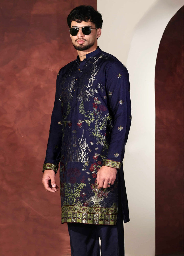 Rangari by Edge Republic Men RTW Embroidered Blended Cotton 2 Pcs Navy Blue CK 764 - Festive Collection