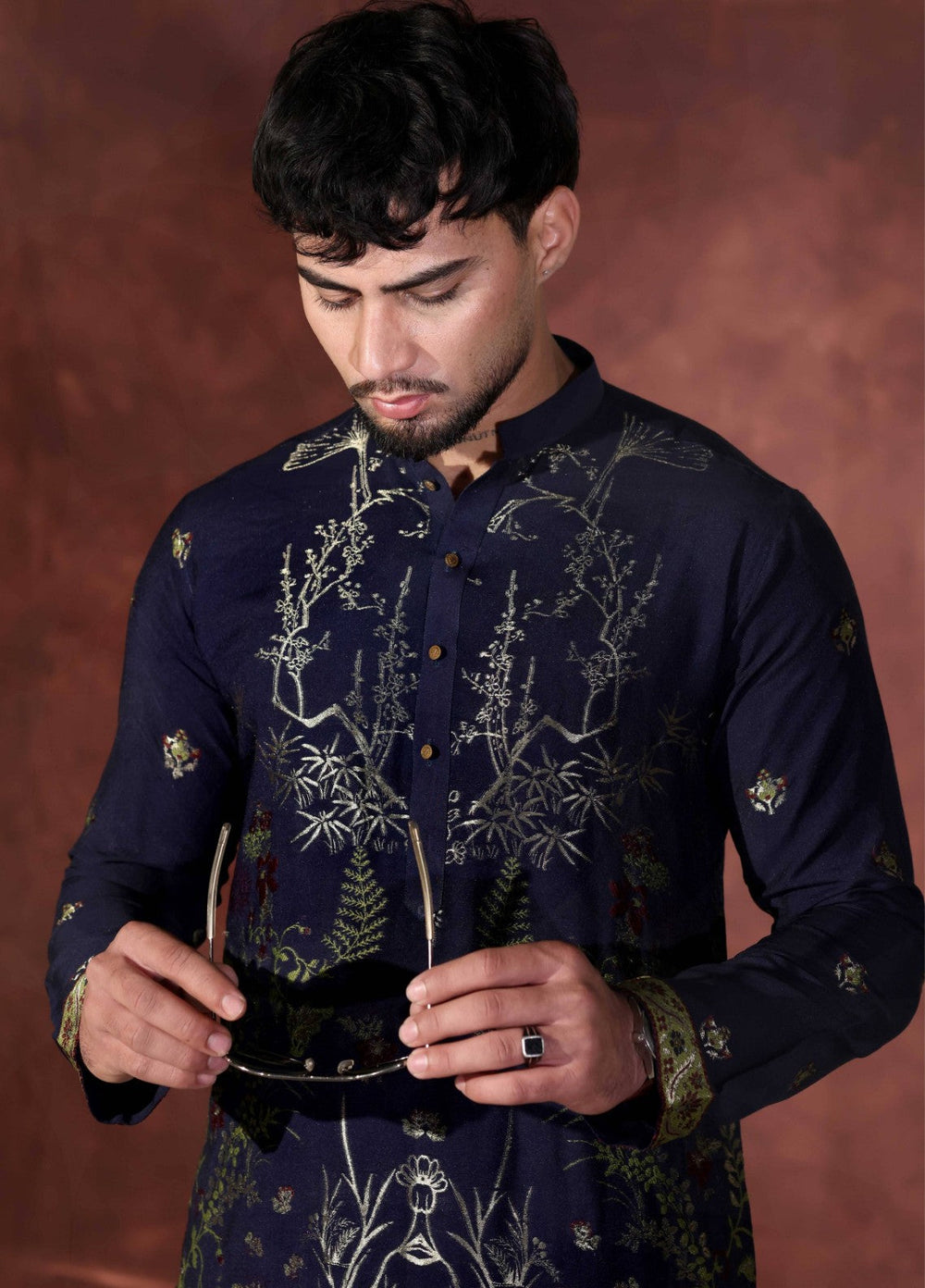Rangari by Edge Republic Men RTW Embroidered Blended Cotton 2 Pcs Navy Blue CK 764 - Festive Collection