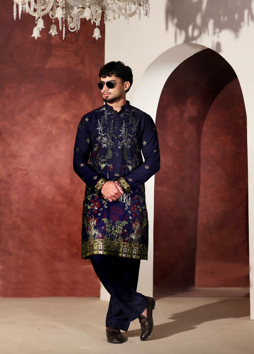 Rangari by Edge Republic Men RTW Embroidered Blended Cotton 2 Pcs Navy Blue CK 764 - Festive Collection