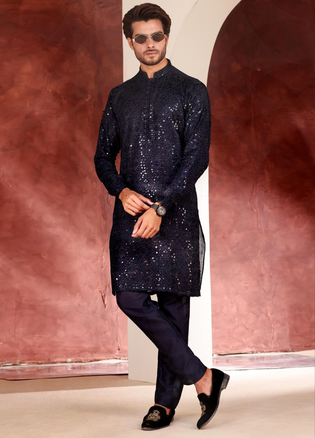 Rangari by Edge Republic Men RTW Embroidered Blended Cotton 2 Pcs Dark Blue CK 773 - Festive Collection